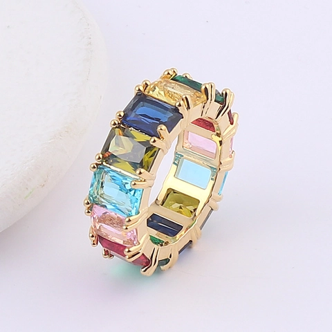 Anillo De Eternidad Arcoíris Cobre Chapado En Oro Circonita Baguette Colorida Cuadrada Geométrica Joyas Para Mujer