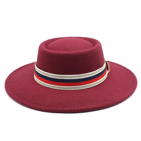 Vintage British Style Wool Felt Hat Wide Brim Flat Top Fedora With Geometric Ribbon For Men Women Autumn Winter Accessory