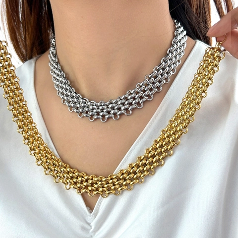 Chunky Chain Necklace And Bracelet Stainless Steel Multi Layer Woven Mesh Punk Hip Hop Jewelry Unisex Adjustable