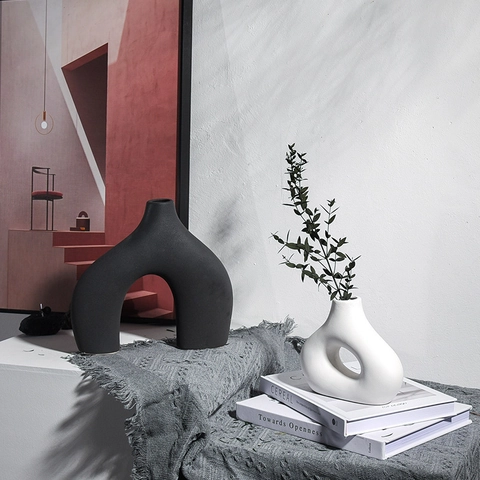 Keramische Vaas Noords Minimalistisch Mat Abstract Geometrisch Boog Hol Rond Tafeldecoratie Modern Esthetisch Decoratief