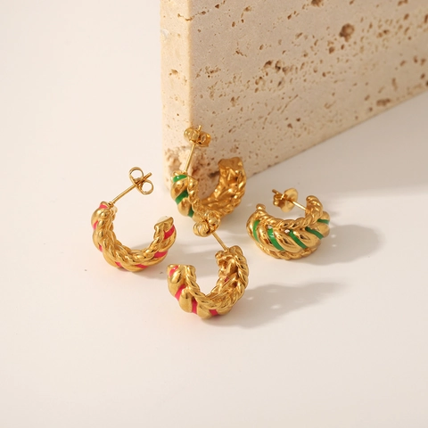 Stainless Steel C-Shape Hoop Earrings With Enamel Twist Rope Texture 18K Gold Plated Croissant Studs For Women