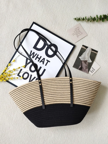 Borsa Tote Intrecciata Corda Di Cotone Patchwork A Righe Borsa A Spalla Da Spiaggia Con Spalline In Pelle PU Casual Vacanze Per Donne