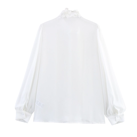 Elegante Damen Bluse Weiß Polyester Lange Laternenärmel 3D Blumen Artificial Pearl Akzente Plissee Vintage Oberteil