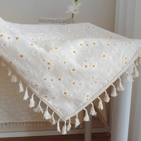 Japanischer Stil Gänseblümchen Bestickte Tischdecke Baumwolle Leinen Mischung Staubdicht Schreibtisch Abdeckung Mit Quasten