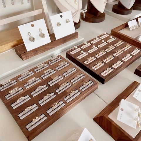 Walnut Wood Ring Display Tray Velvet Lining Multiple Slots Jewelry Storage Holder For Countertop Showcase