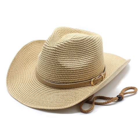 Men Cowboy Hat Paper Straw Wide Brim Sun Protection Breathable Beach Summer Western With Chin Strap Leather Belt Decor