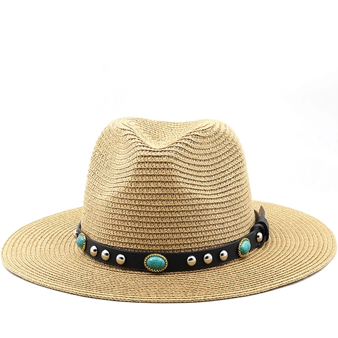 Summer Wide Brim Straw Fedora Hat Sun Protection Bohemian Style Turquoise Decor Vintage Beach Travel Accessories
