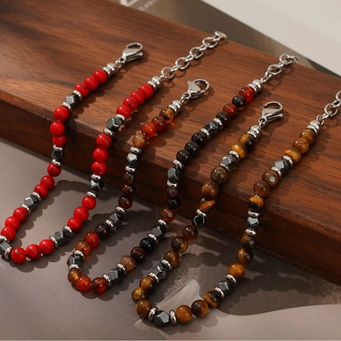 Natural Stone Beaded Bracelet Tiger Eye Agate Hematite Stainless Steel Clasp Adjustable Bohemian Fashion Jewelry