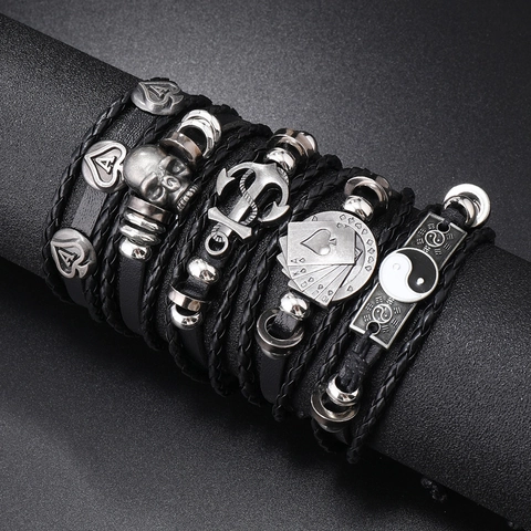 Herren Lederarmband Punk Mehrlagig Totenkopf Anker Poker Yin Yang Vintage Schmuck Zubehör