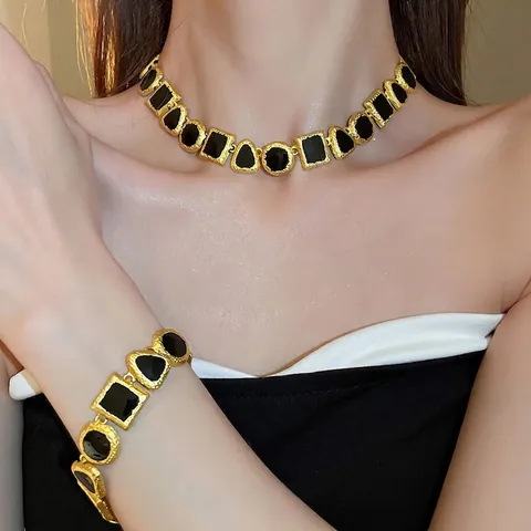 Vintage Geometrico Collana Bracciale Orecchini Lega Smalto Colori Contrastanti Elegante Donne Accessori Perno In Argento
