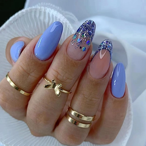 Unghie Finte Con Glitter Blu Forma Mandorla Estate Fresco Lucido Unghie Finte Lungo Sfumato Stile Ins Per Donne