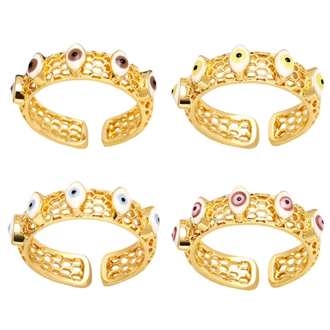 Evil Eye Hollow Honeycomb Ring For Women Copper Enamel Drip Oil Adjustable Open Finger Jewelry Boho Chic Gold Plated
