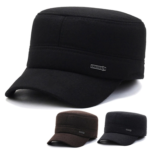 Winter Cadet Cap Men Warm Woolen Flat Top Hat With Foldable Ear Protection Fleece Lined Adjustable Outdoor