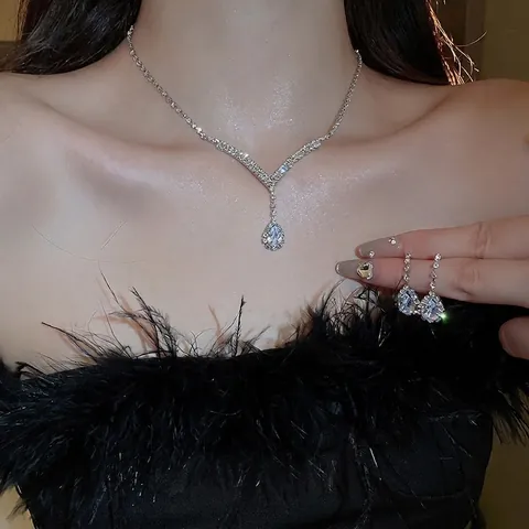 Joyería Collar Y Pendientes Aleación Estrás Gota De Agua En V Para Mujeres Boda Fiesta Elegante Tono Plateado