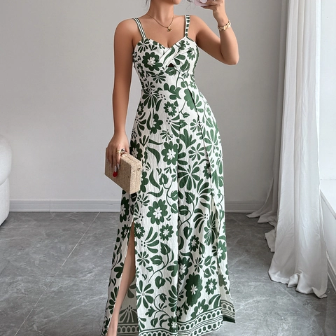 Women Floral Print Jumpsuit Viscose Nylon Woven Sleeveless Spaghetti Strap Cut-Out Backless Wide Leg Side Slit Summer Elegant
