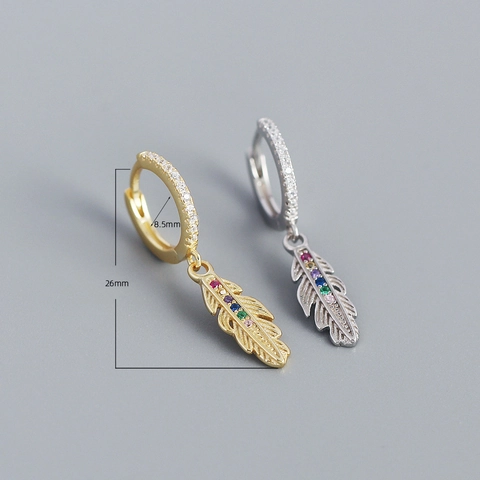 S925 Sterling Silver Huggie Hoop Earrings French Light Luxury Feather Pendant Colored Zirconia Inlaid Metal Jewelry For Women