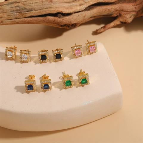 Square Geometric Cubic Zirconia Stud Earrings With Silver Earring Post French Dainty Luxury Copper Jewelry For Women