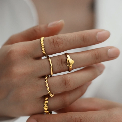 Stainless Steel Heart Bamboo Beaded Open Adjustable Stackable Rings For Women 18K Gold Plated Personalized Fashion Jewelry