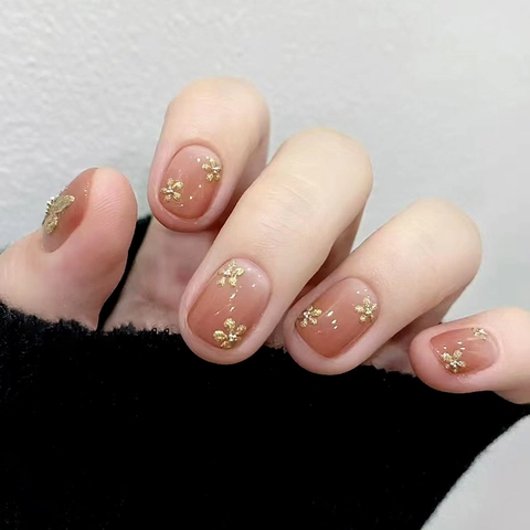 Uñas Postizas Cortas Cuadradas Degradado Marrón Con Purpurina Mariposa Dorada Plástico ABS Uñas Artificiales