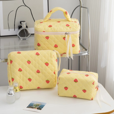 Quilted Cotton Cosmetic Bag Yellow Gingham Strawberry Print Large Capacity Travel Toiletry Storage Pouch For Women