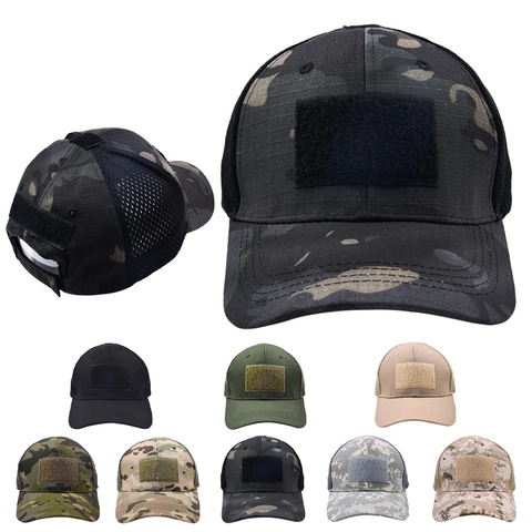 Tactical Baseball Cap Camouflage Mesh Breathable Outdoor Military Style Hat With Hook And Loop Patch Area Adjustable