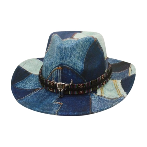 Western Cowboy Hat Denim Patchwork Cotton Sun Protection Vintage Fedora With Metal Bull Skull And Ethnic Woven Band