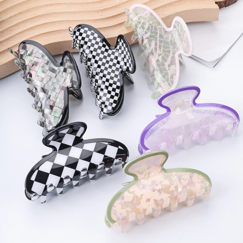 Vintage PVC Schachbrett Haarkralle Große Marmormuster Haispange Handgefertigt Französischer Stil Geometrische Haarnadel Für Damen Täglich Zubehör
