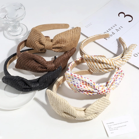 Woven Straw Style Bowknot Headband Wide Fashion Simple Hairband For Women Commute Hair Accessories