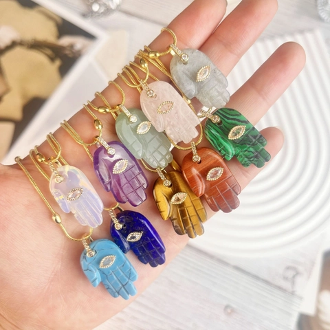 Hamsa Hand Boze Oog Hanger Halsketting Natuursteen Legering Verguld Slangenketting Etnisch Boheems Geluksamulet Sieraden Voor Dames