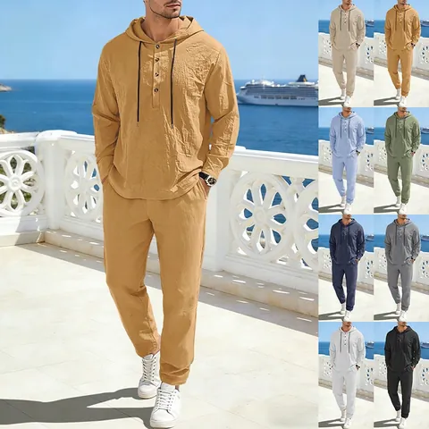 Top Con Capucha Y Pantalón Para Hombre Mezcla De Lino Transpirable Manga Larga Playa Vacaciones