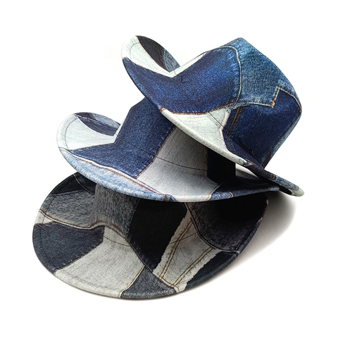 Cappello Da Cowboy Occidentale Retro Patchwork Denim Fedora A Tesa Larga Per Uomini Donne Protezione Solare Stile Vintage