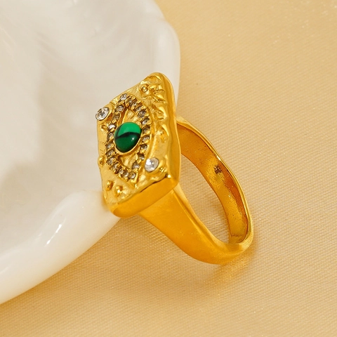 Vintage Evil Eye Ring Stainless Steel 18K Gold Plated Rectangle Green Malachite Zirconia Retro Jewelry For Women