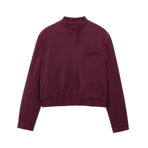 Damen Burgund Stehkragen Reißverschluss Bomberjacke Und Hohe Taille Weite Hose Mit Falten Streetwear Lässig Polyester