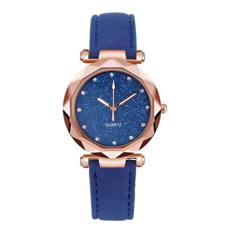 Women Quartz Watch Starry Sky Dial Rhinestone Markers Rose Gold Case Faux Leather Strap Fashion Elegant Casual Accessory