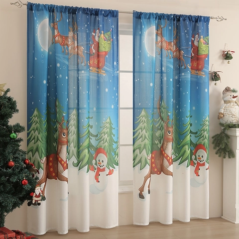 Christmas Blackout Curtains Blue Gradient Santa Claus Reindeer Snowman Pattern Grommet Window Drapes For Bedroom Living Room