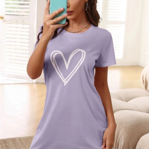 Camicia Da Notte Da Donna A Maniche Corte Con Stampa A Cuore Girocollo Poliestere Elastan Abbigliamento Da Casa Casual