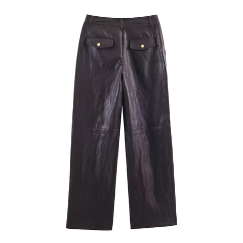 Pantalones De Cuero Sintético Para Mujer Cintura Alta Corte Recto Pantalones De PU Moda Color Sólido Elegante Casual