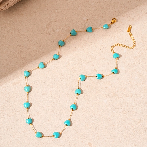 Collana Vintage Cuore Turchese Rame Placcato Oro Catena Clavicola Per Donna Gioielli Gemma Blu Elegante Nicchia Semplice
