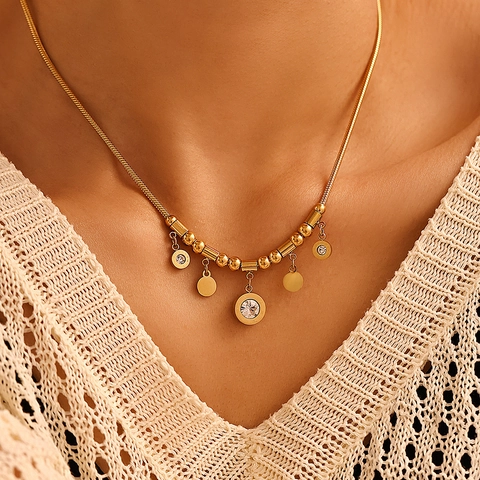 Set di Gioielli in Acciaio Inossidabile Con Numeri Romani Ciondolo in Zirconia Collana Braccialetto da Donna Placcato Oro