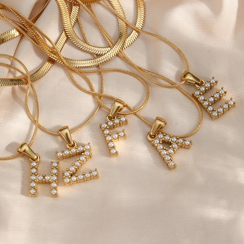 Stainless Steel Double Layer Alphabet Letter Pendant Necklace With Artificial Pearl Fashion Hip Hop Jewelry For Women