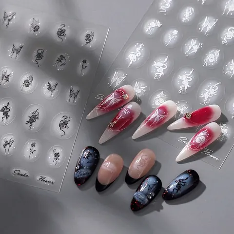 Autocollants Art Des Ongles En Relief Serpent Blanc Fleur Papillon Auto-adhésifs Ultra Minces Style Japonais Décoration DIY