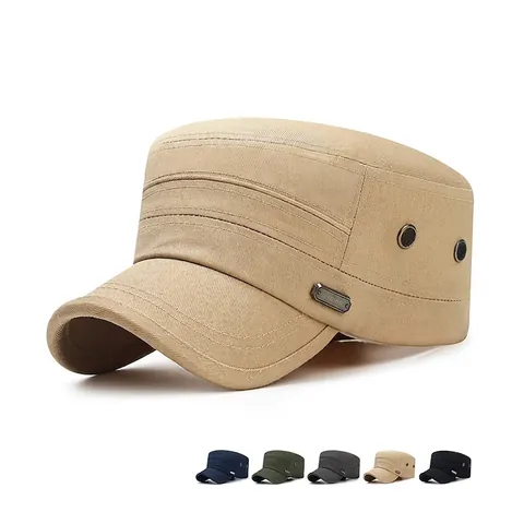 Cotton Cadet Cap Men Breathable Flat Top Military Hat Adjustable Outdoor Casual Sun Protection Hat