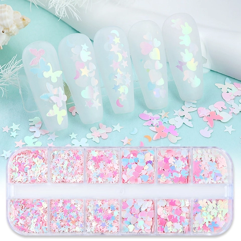 Paillettes Per Nail Art Olografiche Forme Miste Stelle Luna Cuore Farfalla Fiore PET Glitter Per Manicure Fai Da Te E Ciglia Decor