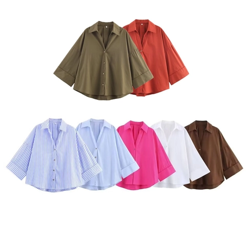 Camicetta In Popeline Da Donna Camicia Ampia Casual Moda Tinta Unita A Righe Monopetto Revers Top A Maniche Lunghe