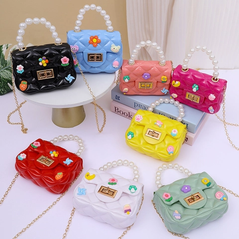 Kids Mini Crossbody Bag Silicone Jelly Artificial Pearl Handle Chain Strap DIY Cartoon Stickers Quilted Princess Coin Purse