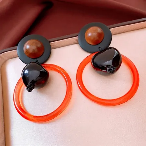 Pendientes Colgantes Geométricos Retro Con Poste De Plata De Ley 925 Resina Cuentas De Madera Aro Naranja Estilo Étnico