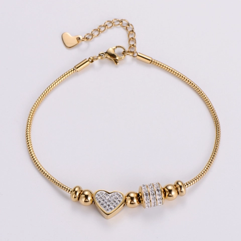 Bracciale Cuore Acciaio Inossidabile 304L Oro 18K Perline Zircone Catena Serpente Gioielli Minimalisti Per Donna
