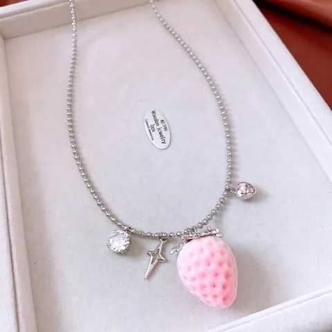 Sweet Pink Strawberry Pendant Necklace Alloy Star Heart Charms Faux Artificial Pearls Niche Design Fashion Neckwear For Women