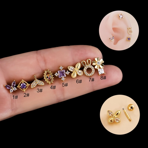 Pendientes De Cartílago Acero Inoxidable Circón Púrpura Mariposa Flor Joyería De Perforación Mujer