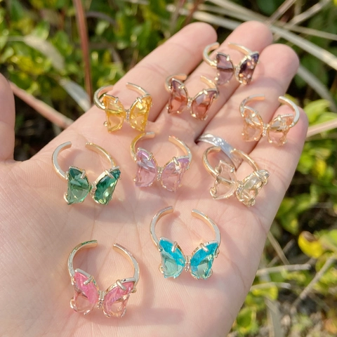 Butterfly Ring Copper Adjustable Open Ring Multi Color Glass Wings Zircon Accents Elegant Fashion Jewelry For Women